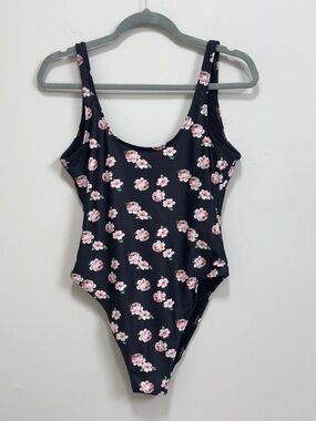 DixPerfect Floral Print High-Cut Scoop-Back One Piece Swimsuit - Black & Pink